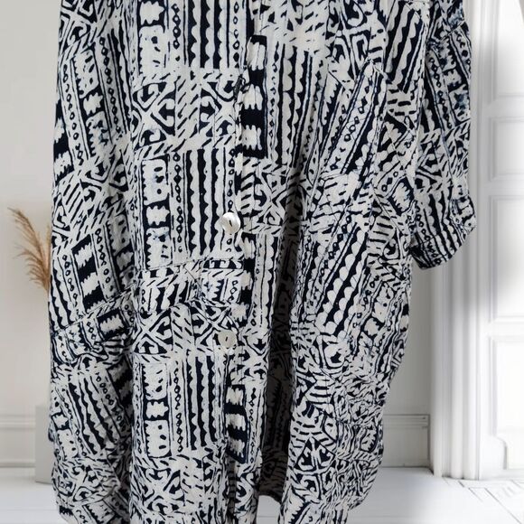 Tienda Ho Oversized Silk Midi Lagenlook Dress Navy Tribal Graphic Print Tunic - Picture 4 of 16